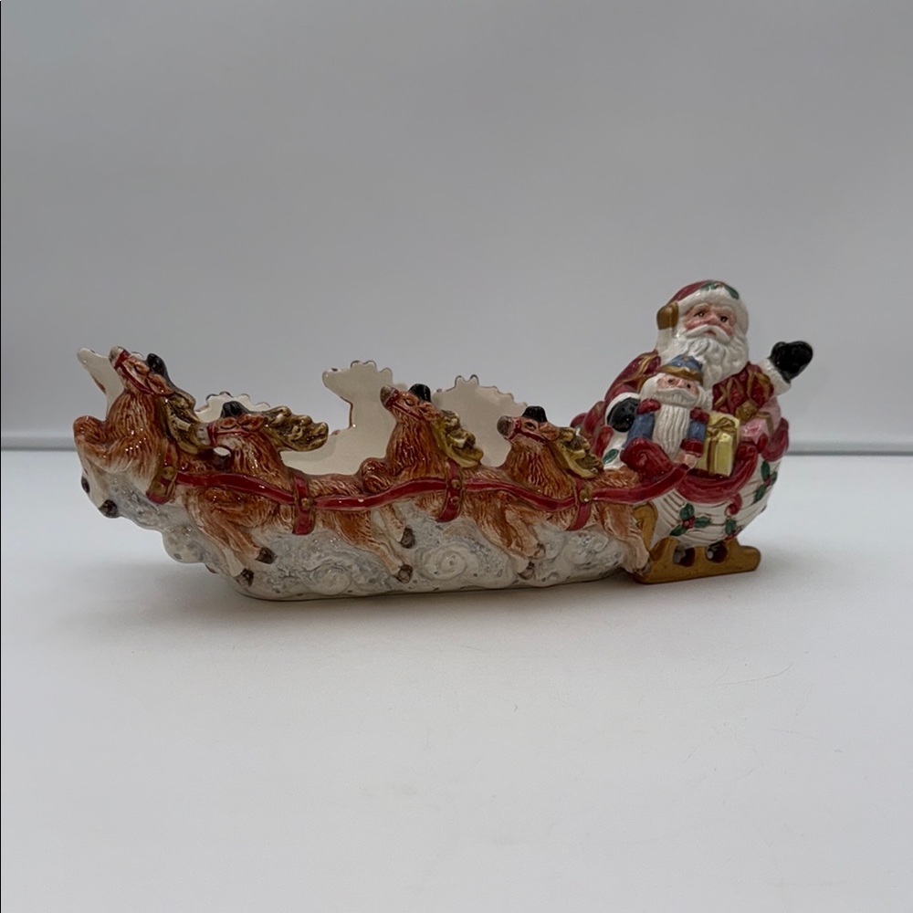 Vintage 1993 FITZ & FLOYD Cracker Serving Dish SANTA in Sleigh Reindeer Toys